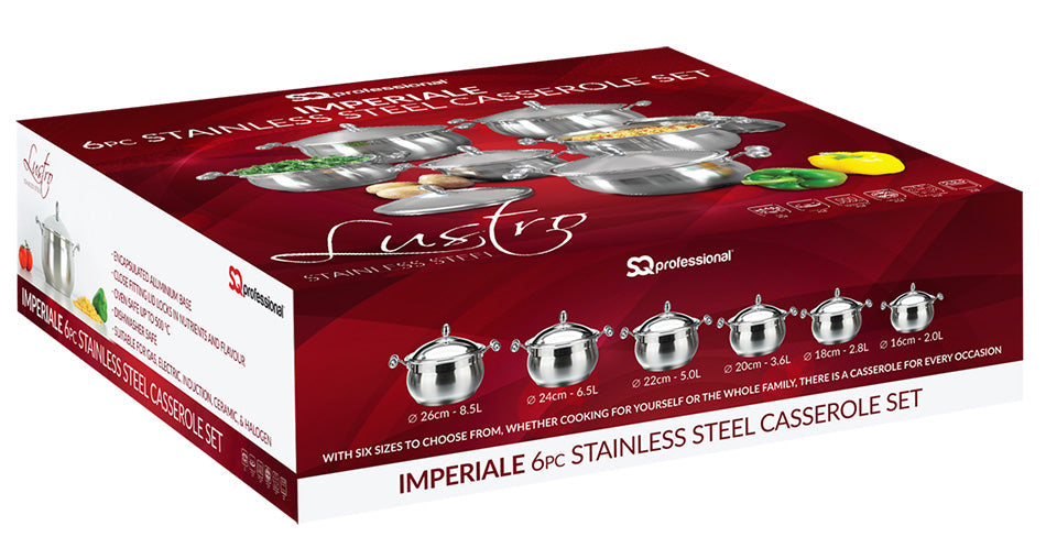 Lustro Stainless Imperiale Steel Casserole Set 6Pc Set 7991 (Big Parcel Rate)